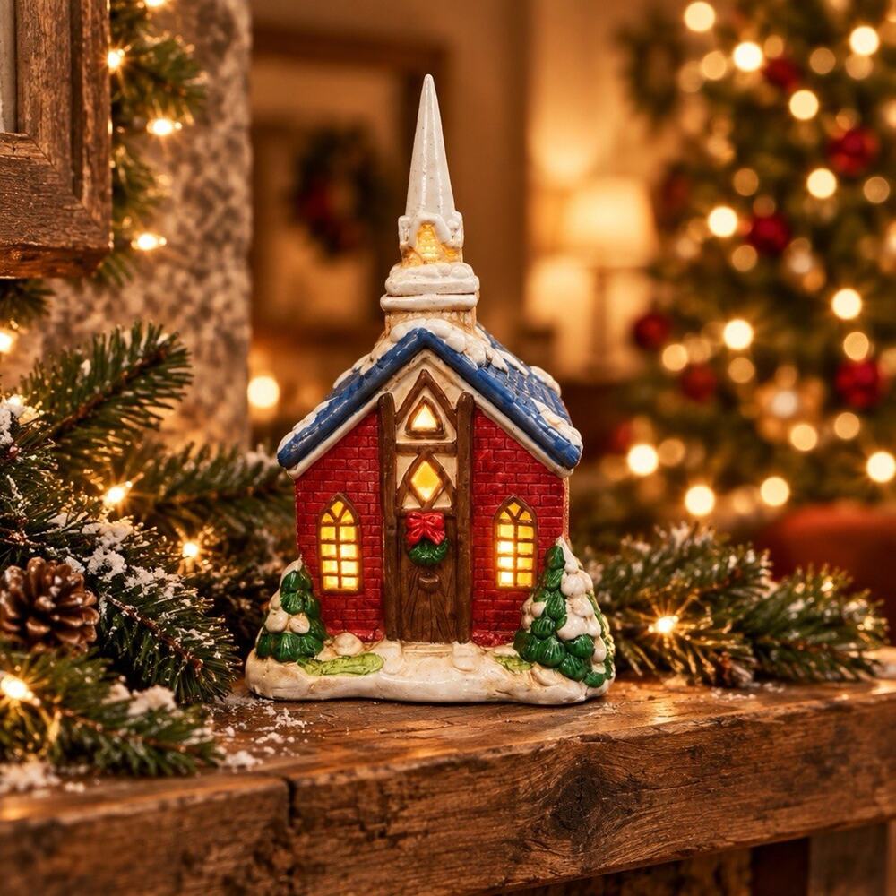 UL Hand Decorate Lite Up Church Ceramic House 3 Feet Cord